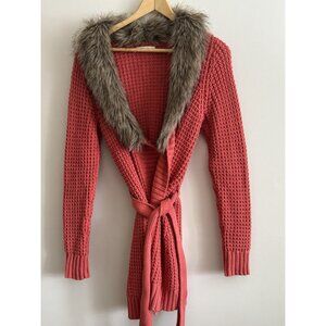 Y2k Old Navy Sweater Women Med Faux Fur Collar Tie Orange Cardigan Knit